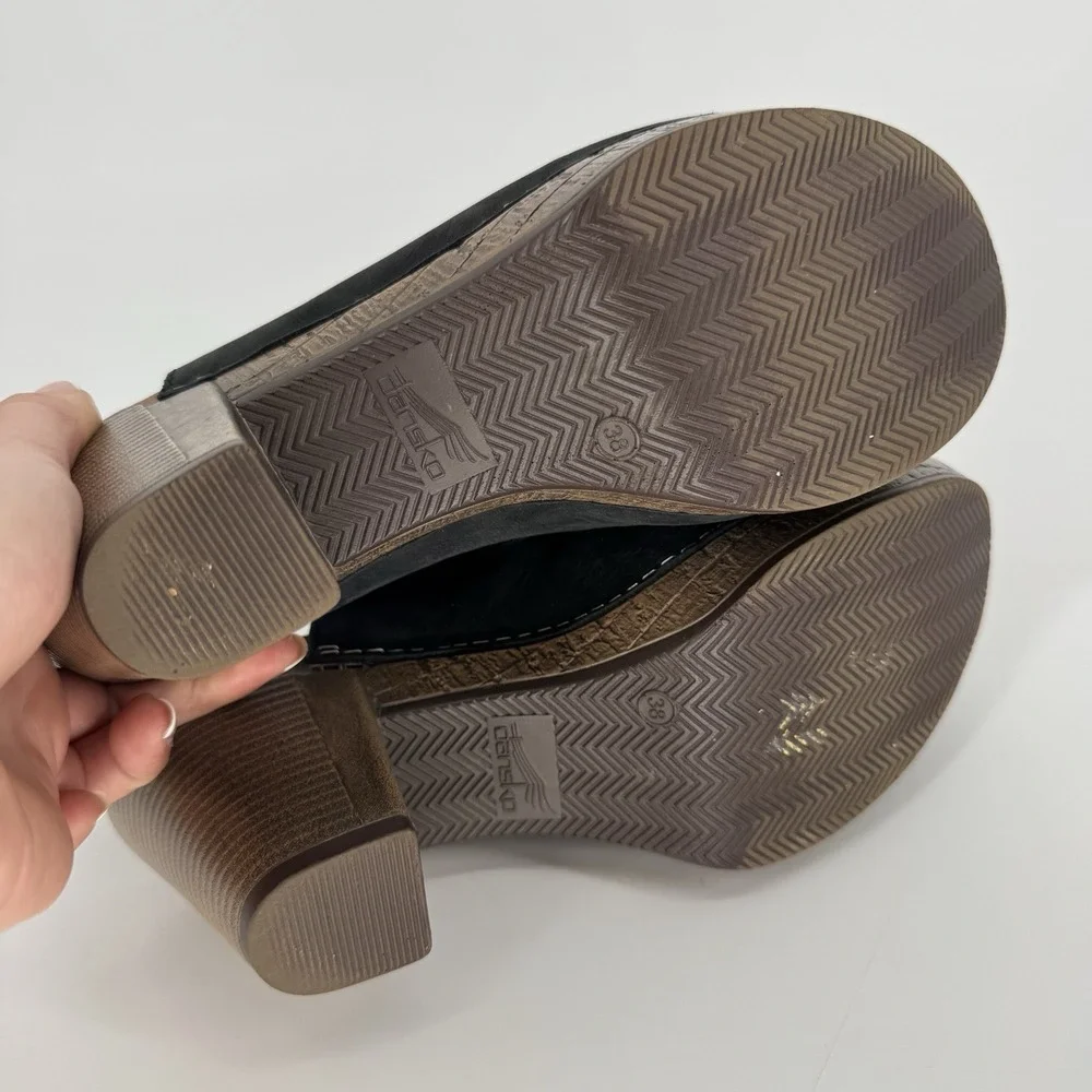 Dansko Reggie Black‎ Nubuck Leather Slingback Peep Toe Clogs Sandals Heels EU 38